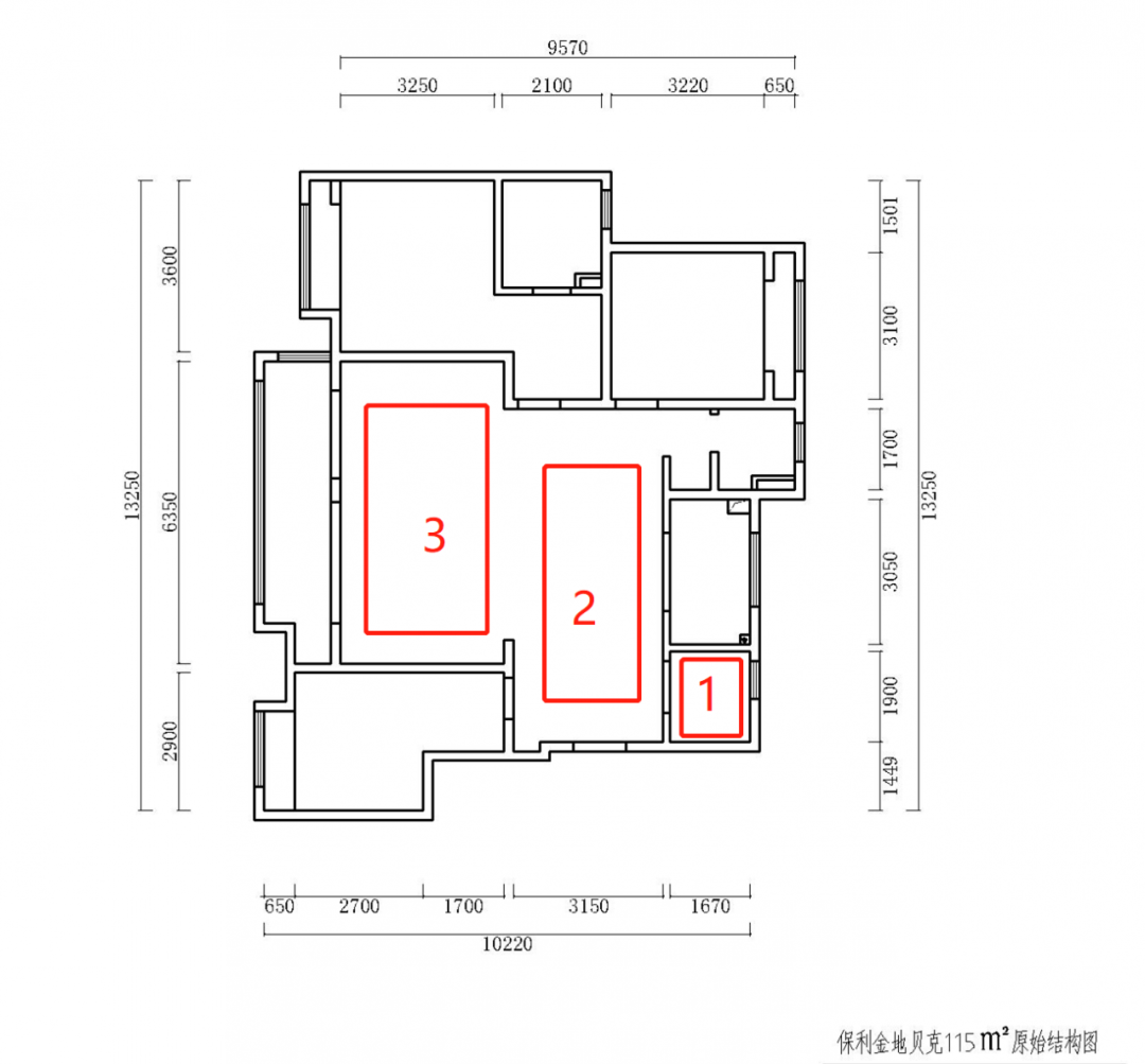 熊皓宇_紅牛設計--保利金地貝克115㎡（三房）現(xiàn)代風格03戶型分析_原始結構圖