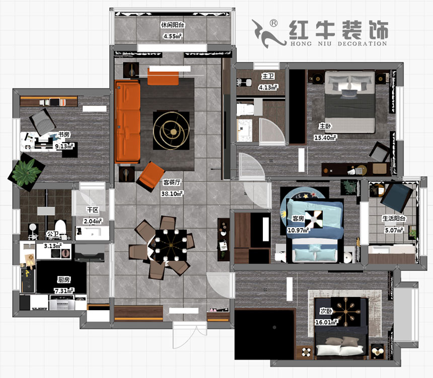 劉小勇_鴻雁名居20-1001-140㎡-現(xiàn)代風格_4室2廳2衛(wèi)（新房裝修）_定制家￥208000_全包20萬00_03彩平圖