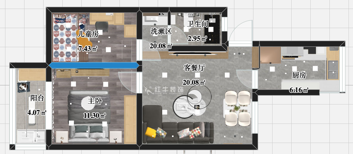 張智猿｜銀龍花園1期35-301-60㎡-現(xiàn)代簡(jiǎn)約風(fēng)格｜2室1廳1衛(wèi)｜老房裝修｜定制家￥120000｜全包10萬｜00_03彩平圖