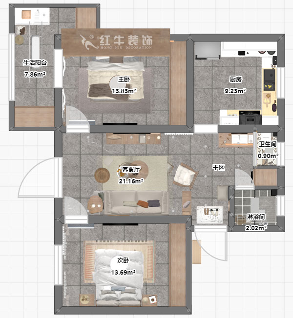 朱明琪｜有福家苑34-104-82㎡-現(xiàn)代簡約原木風(fēng)格｜2室2廳1衛(wèi)｜老房裝修｜定制家￥131000｜全包14萬｜00_03平面彩圖