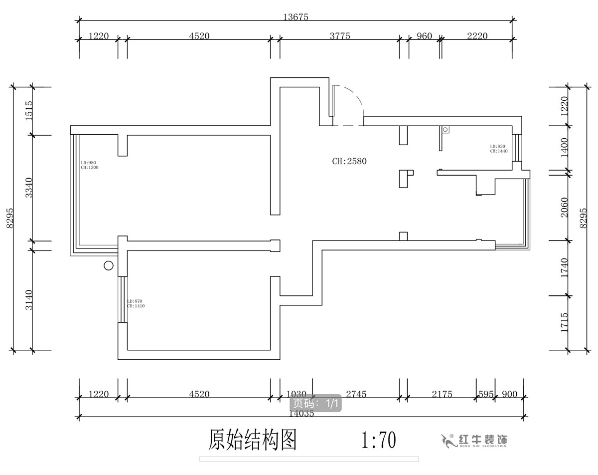 蔣琛｜安泰村21-401-80㎡-現(xiàn)代簡(jiǎn)約風(fēng)格｜2室1廳1衛(wèi)｜舊房裝修｜定制家￥126767｜全包12萬(wàn)｜00_01原始結(jié)構(gòu)圖