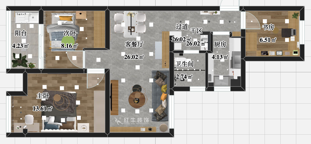 張智猿｜紫楊佳園二期22-407-86㎡-北歐風(fēng)格｜3室2廳1衛(wèi)｜新房裝修｜定制家￥108698｜全包11萬｜00_03平面彩圖