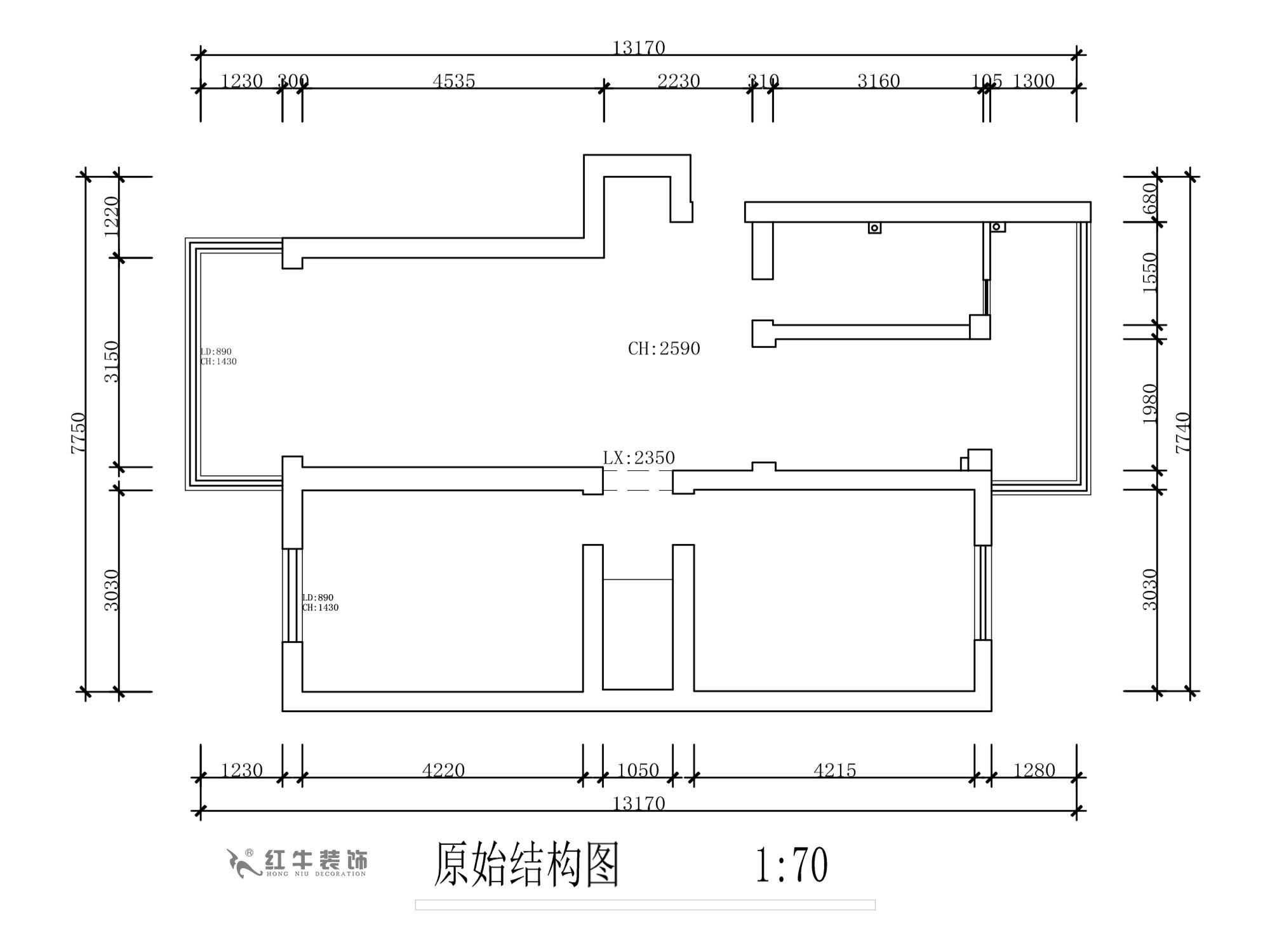 蔣?。旄@43-401-90㎡-現(xiàn)代簡(jiǎn)約風(fēng)格｜2室1廳1衛(wèi)｜舊房裝修｜定制家￥122757｜全包12萬｜00_01原始結(jié)構(gòu)圖