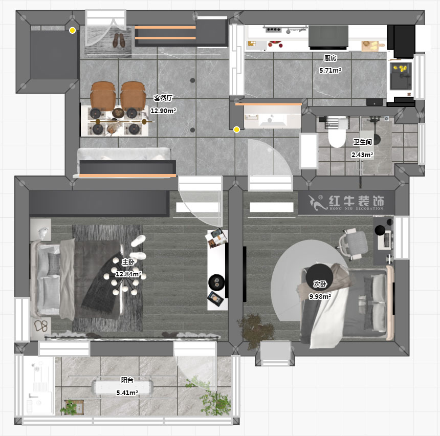 蔣?。珗@路44號小區(qū)3-204-60㎡-現(xiàn)代簡約風格｜2室1廳1衛(wèi)｜舊房裝修｜定制家｜全包10萬｜00_03平面彩圖