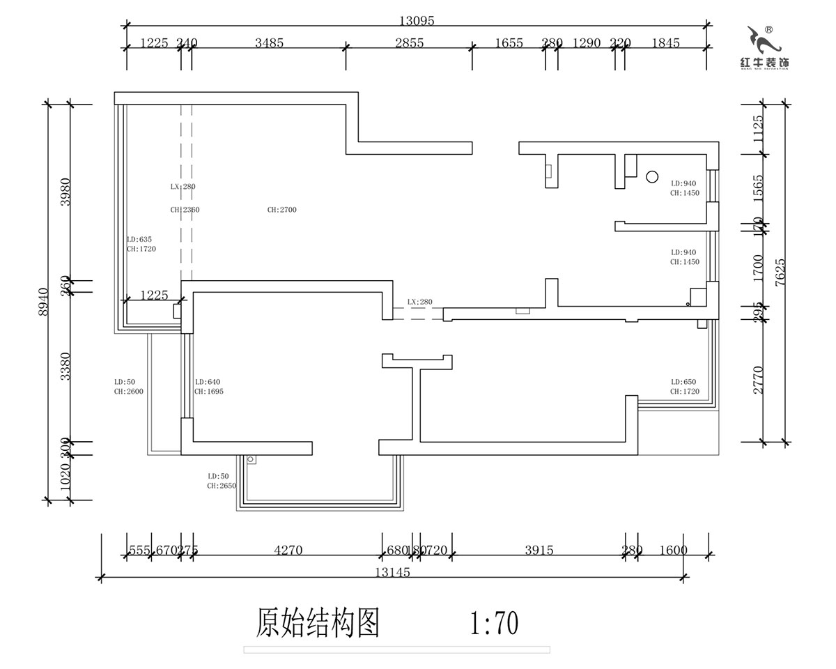 蔣?。霄沃腥A廣場(chǎng)11-601-110㎡-現(xiàn)代簡約風(fēng)格｜2室2廳1衛(wèi)｜舊房裝修｜定制家￥140400｜全包15萬｜00_01原始結(jié)構(gòu)圖