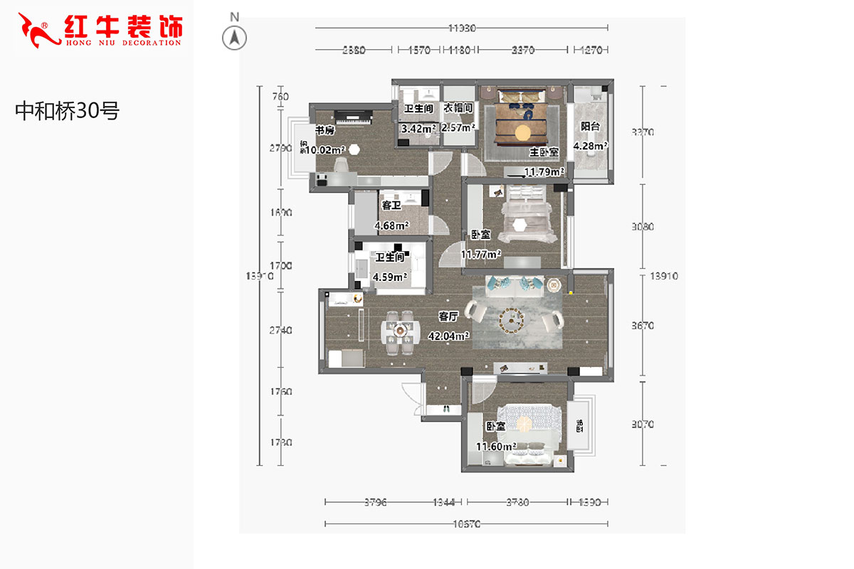 陸利民｜中和橋30號29-1403-137㎡-美式風(fēng)格｜4室2廳3衛(wèi)｜新房裝修｜半包￥94990｜半包9