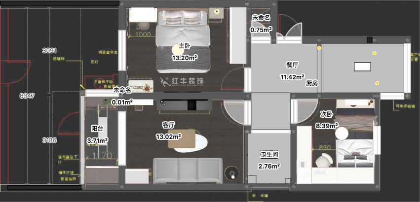 蔣?。驳吕?0號玻纖院小區(qū)14-103-65㎡-現(xiàn)代簡約風格｜3室1廳1衛(wèi)｜老房裝修｜定制家｜全包10萬｜00_03平面彩圖