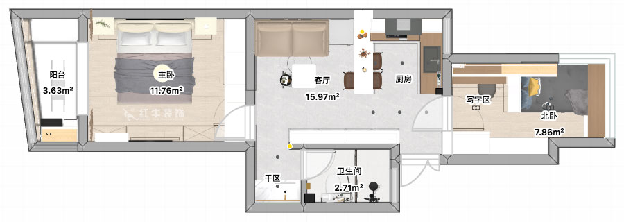 張智猿｜景明佳園拾景苑1-1-402-50㎡-現(xiàn)代風(fēng)格｜2室1廳1衛(wèi)｜老房裝修｜定制家｜全包12萬｜00_04平面彩圖