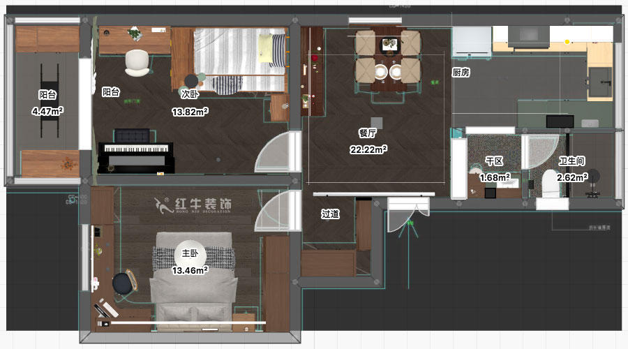 孟憲濤｜寧夏路18號3-204-70㎡-現(xiàn)代風格｜2室2廳1衛(wèi)｜老房裝修｜定制家｜全包12萬｜00_03平面彩圖