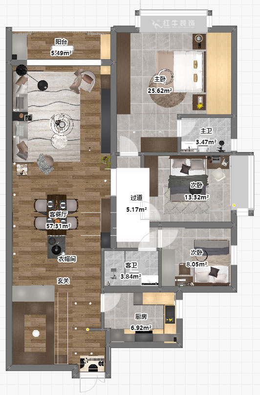 吳波｜京隆名爵府3-1107-165㎡-現(xiàn)代風(fēng)格｜3室2廳2衛(wèi)｜新房裝修｜定制家｜全包21萬(wàn)｜00_04平面彩圖