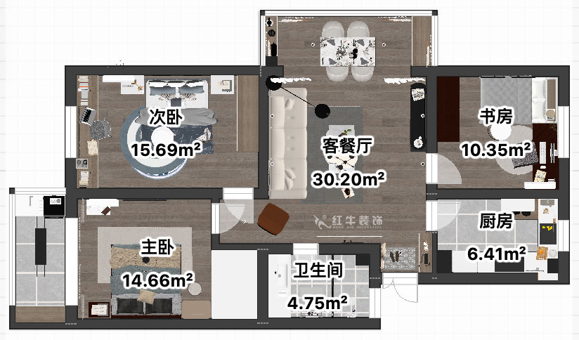 吳波｜宏鷹花園2-601-103㎡-現(xiàn)代簡約風(fēng)格｜3室2廳1衛(wèi)｜舊房裝修｜定制家｜全包13萬｜00_04平面彩圖